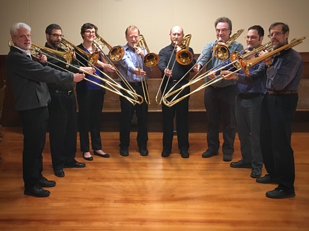Members of a local trombone octet perform works of Randall Thompson and others. Photo by Dick LaForge.