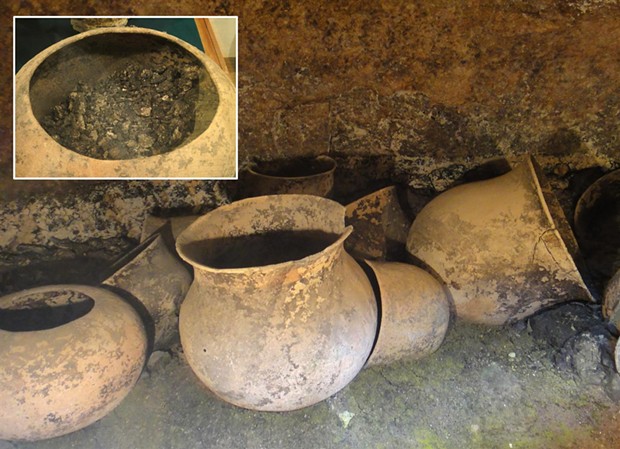 1,300-year old funeral urns in a cave-burial site near Tierradentro, Colombia. Inset: Cremains of several individuals were found in each urn. - PHOTO BY BARRY EVANS