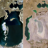1989 (left) and 2008 (right) aerial photographs of the Aral Sea.