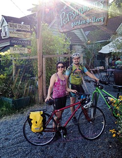 PHOTO BY JON O'CONNOR - Amy Cirincione and Sergio Herrera take a break from cycling &mdash; and sipping &mdash; their way around SoHum.