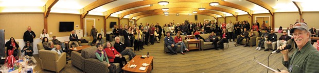 Arcata Chamber of Commerce President Rick Levin introduces guests at a mixer held in the Great Hall on the Humboldt State University campus, on Feb 6. - PHOTO BY BOB DORAN