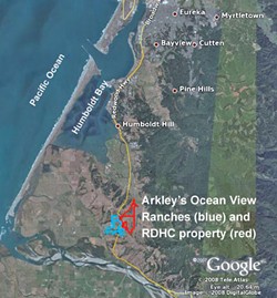 Arkley's Loleta property includes 204 acres under Ocean View Ranches, LLC (blue), and 288 acres under RDHC, LLC (red).