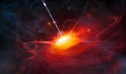 EUROPEAN SOUTHERN OBSERVATORY /M. KORNMESSER, PUBLIC DOMAIN - Artist's impression of the very distant quasar ULAS J1120+0641, with a mass two billion times that of the sun. Quasars like these are now used to test general relativity using radio waves, which can be detected in daylight.