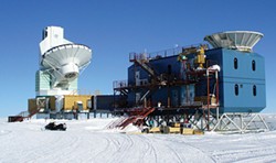 AMBLE, GNU FREE DOCUMENTATION LICENSE - BICEP observations are taken at the South Pole Dark Sector Laboratory, where the sky is the cleanest on earth, with no pollution from light or radio-waves, and virtually no water vapor in the atmosphere. The BICEP2 antenna is on the right.