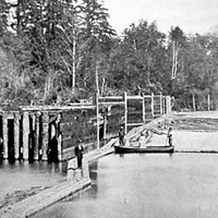 Boom across the Mad River about 1880. Photo courtesy The Humboldt Historical Society