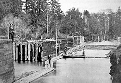 Boom across the Mad River about 1880. Photo courtesy The Humboldt Historical Society