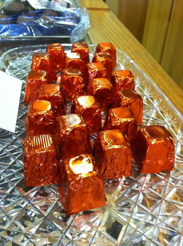 Chocolates filled with orange liqueur. - JENNIFER FUMIKO CAHILL