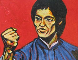 Come face to face with Augustus Clark's heroes, like Bruce Lee, at Upstairs Gallery.