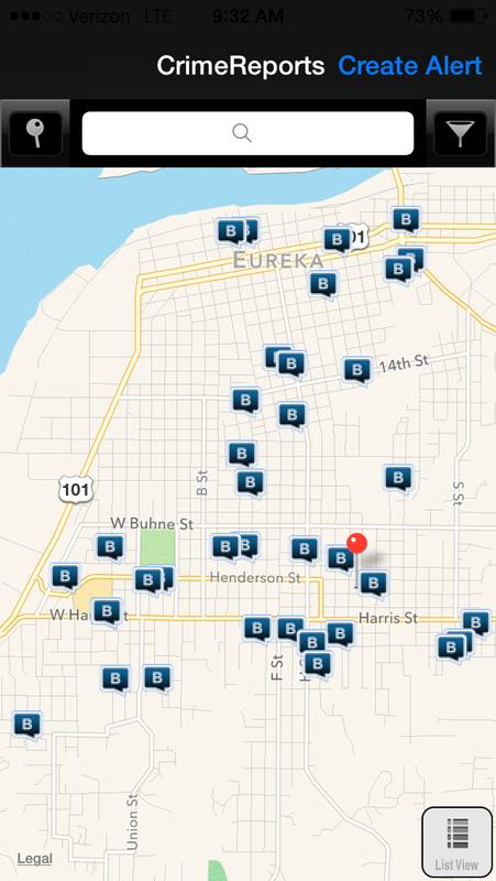 Screenshot of residential and commercial break-ins in part of Eureka in the past 30 days. - IMAGE COURTESY OF THE EUREKA POLICE DEPARTMENT