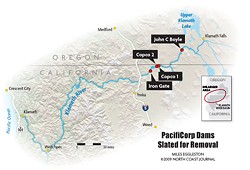Dams on the Klamath River slated for removal. Map by Miles Eggleston, ©2009 North Coast Journal