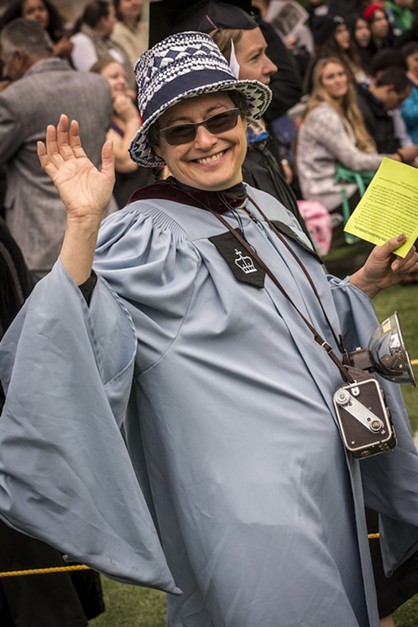 Department of Journalism and Mass Communication Chair and Journal columnist Marcy Burstiner in her commencement finest. Burstiner's work for the Journal recently took home the award for best columns at the 2015 California Newspaper Publisher's Association's Better Newspaper Contest. - MARK LARSON