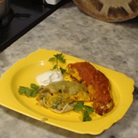 Enchiladas with Arno's green sauce and Max's red sauce.