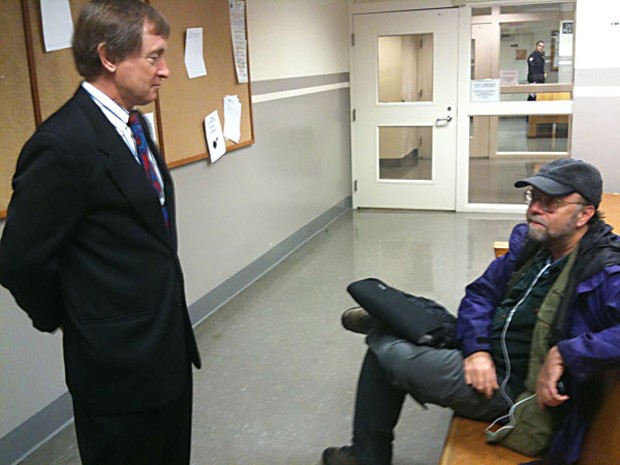 Eureka attorney Paul Hagen and Arcata Eye editor Kevin Hoover talk at the Eureka Courthouse. Photo by Hank Sims