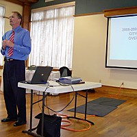 Eureka City Manager David Tyson addresses the public Monday night at a community forum to discuss the city budget. Photo by Ryan Burns