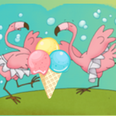 Flamingos dancing with an ice cream cone