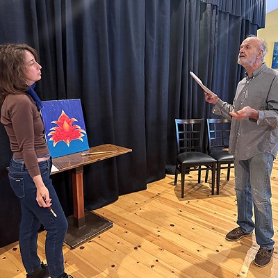 Monica Blacklock as Georgia O’Keefe and Arnold Waddell as Sigmund Freud in a rehearsal of No More Flowers, part of EXIT Theatre's Short Play Festival