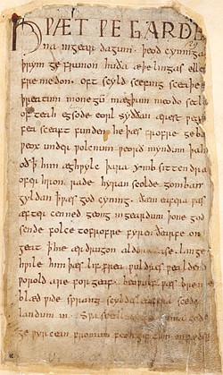 BRITISH LIBRARY, PUBLIC DOMAIN - First page of Beowulf in the only surviving manuscript, dated to around 1000 AD. The poem has been dated to about 300 years earlier.
