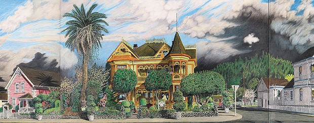 Gingerbread Mansion, detail from Berding Street panorama, colored pencil