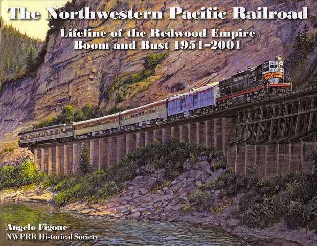 The cover of Angelo Figone’s new book, “The Northwestern Pacific Railroad: Lifeline of the Redwood Empire, Boom and Bust 1951-2001,” shows Train #3 at Scotia Bluffs, spring 1957. Original painting by John Winfield.
