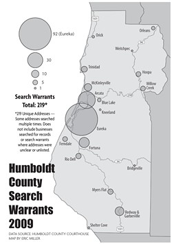 DATA SOURCE: HUMBOLDT COUNTY COURTHOUSE. MAP BY ERIC MILLER - Humboldt County Search Warrants 2009