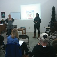 Instructors Alexis Wilson Briggs (left) and Kyndra Miller lead a class about feminism and cannabis.