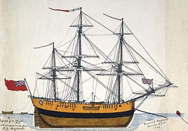James Cook's 370-ton bark Endeavour, launched 1764, scuttled 1778. (Public domain.)