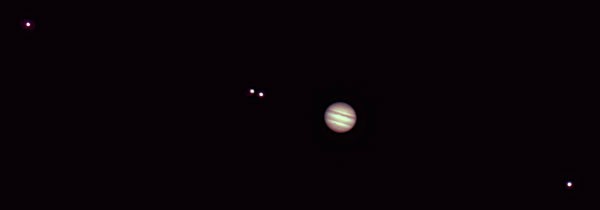 Jupiter and the four Galilean moons: Callisto, Io, Europa and Ganymede. (Photo by Chanan Greenberg taken on 9/5/09. Used with permission.)