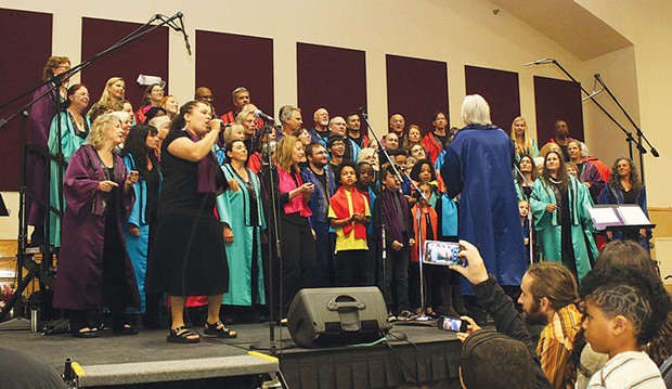 Lorenza Faye Simmons takes the lead as the Arcata Interfaith Gospel Choir joins forces with the AIGC Youth Choir at the annual Gospel Choir Prayer Breakfast&nbsp;on May 4 at the Arcata Community Center. - PHOTOS BY BOB DORAN