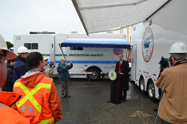 North Coast Congressman Jared Huffman thanked the agencies involved the pulp mill clean up. - GRANT SCOTT-GOFORTH