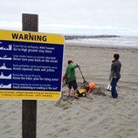 Signs at local beaches warn of strong currents.