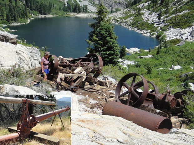 Remains of a steam donkey, winches and gears overlooking 5,500 ft. Emerald Lake in the Trinity Alps Wilderness. The equipment was used to build dams on Emerald and Sapphire lakes, in order to supply water to the LaGrange Mine nearly 30 miles away. - PHOTO BY BARRY EVANS