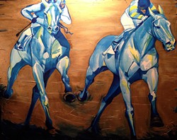 Sherri Dobay's "Prussian Tango" and other equestrian paintings are up at Vanity. She also makes wine &mdash; check out the images on her bottles at the reception.