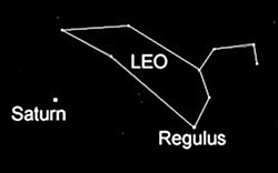Simplified sky chart for late January at Humboldt's latitude, looking southwest. Saturn lies about halfway up the sky, below the constellation Leo (the Lion). Leo's brightest star Regulus is one of the brightest in the sky.