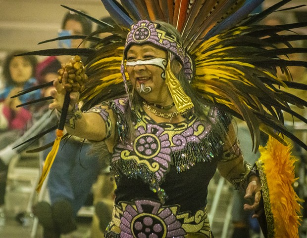 A member of the Tezkatlipoka Aztec Dance and Drum from San Jose performing at the Intertribal Gathering on Saturday. - PHOTO BY MARK LARSON