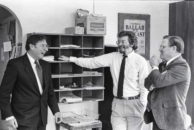 Alann Steen (left) in 1992 at HSU as a Hadley Lecture speaker, following his release from captivity, with Mark Larson (center) and Howard Seemann of the journalism department. - COURTESY OF MICHAEL HARMON