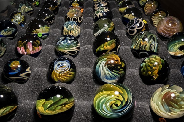 This marble-filled display case attracted onlookers to the artistic creations of Brian Bethea at Bethea Art Glass in Redding, California. - PHOTO BY MARK LARSON