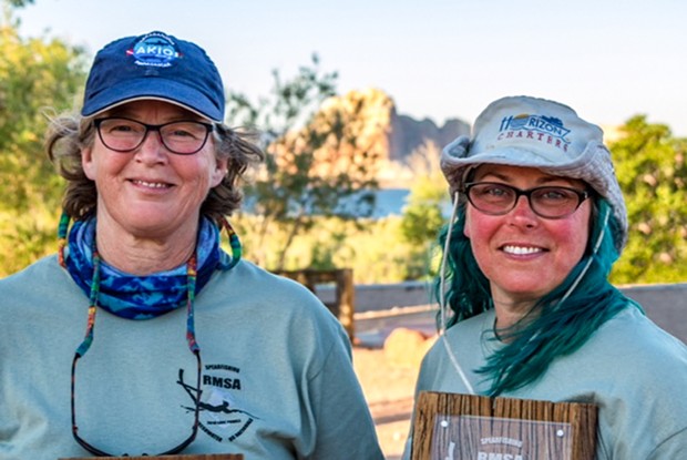 Doherty and Easter at Lake Powell, Utah, on June 9, 2018, with their Catfish Cazadoras plaque. - PHOTO BY JOHNATHAN KAMIERCZAK