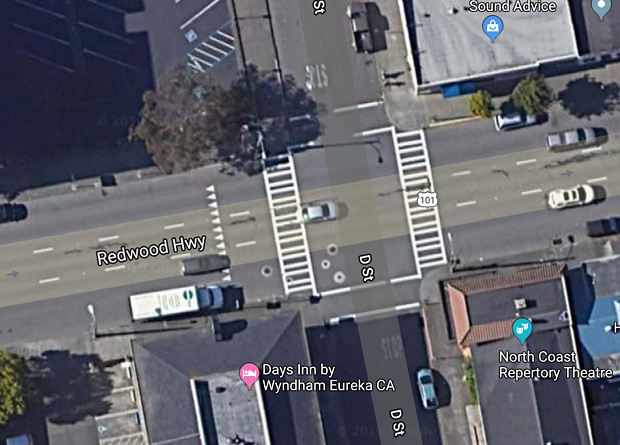 The intersection of D and Fifth streets. Under a new proposal, the crosswalk on the north side of the intersection — the "downstream side" — would be eliminated. - GOOGLE MAPS