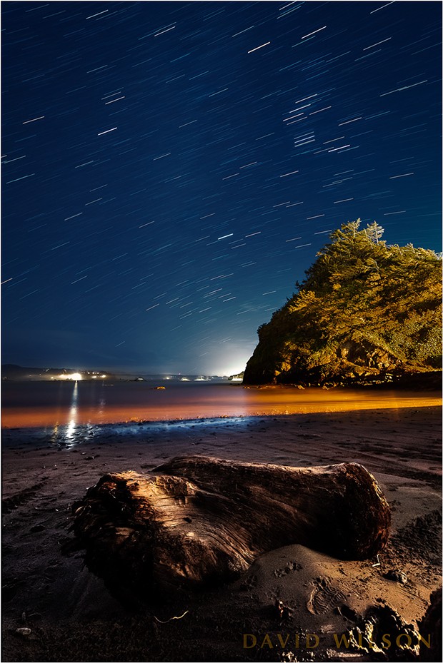 The stars arc across the sky in their nightly parade in this view looking south from Boat Launch Beach, or Indian Beach, beneath the town of Trinidad, California. January 30, 2019. - DAVID WILSON