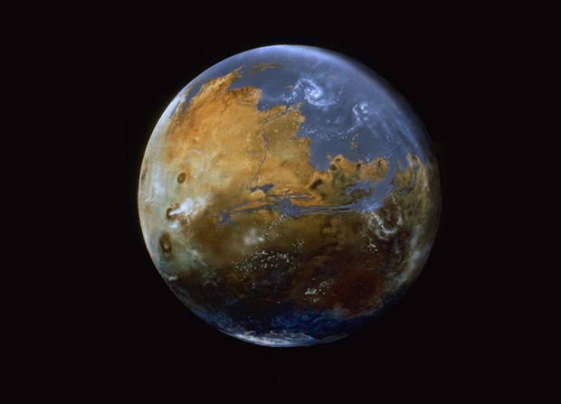 Past Mars (3.8 billion years ago) and future Mars if we warmed the planet sufficiently to thicken the atmosphere and bring long-lost oceans back. - COURTESY OF MICHAEL CARROLL