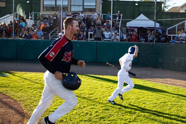 Cleary and Bat Boy heading back after his lead-off homer. - MATT FILAR