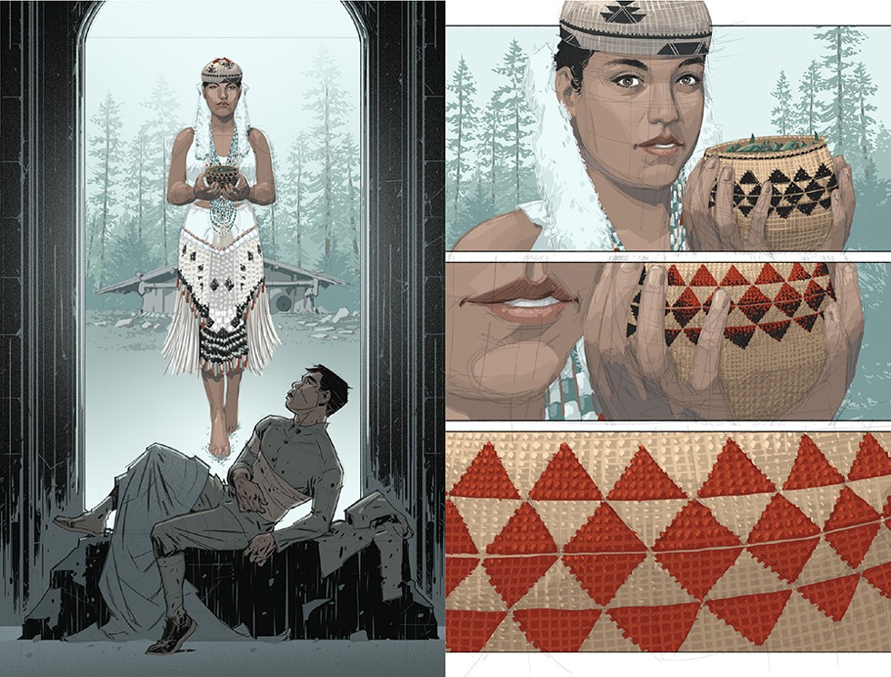 Lowry: "Charley sees our Yurok version of spiritual medicine (or an Angel). I used the design on the basket the young woman is holding as a transition to the same design on page 104's first panel that's on the men's head piece. This design also appears to Charley on the leaf on page 112. Every design or image we have in Yurok and Native cultures has meaning, sometimes multiple meanings." - COMIC WRITTEN BY CHAG LOWRY, ILLUSTRATED BY RAHSAN EKEDAL