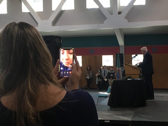 Eureka City Councilmember Natalie Arroyo watches via FaceTime as City Manager Greg Sparks reads her letter commemorating the return of Duluwat Island. - THADEUS GREENSON