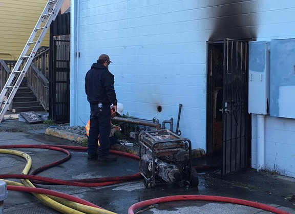 A generator reportedly caught fire behind Big Blue Cafe in Arcata on Oct. 27. - PHOTOS BY RYAN HUTSON