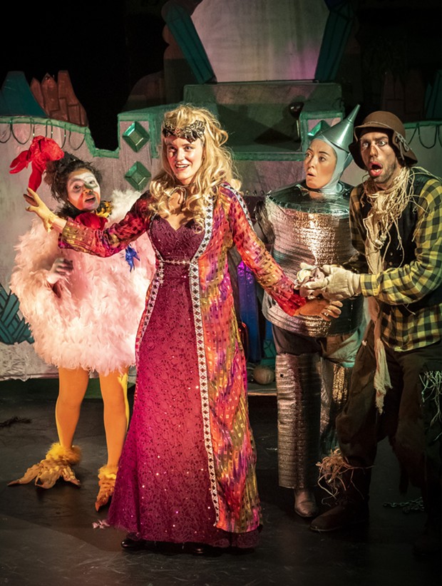 Princess Langwidere (Marguerite Boissonnault), Billina the Chicken (H. Veenadari Lakshika Jayakody), the Tin Man (Hannah Shaka) and Scarecrow (Andrew Lupkes) in Return to Oz. - PHOTO BY MARK LARSON