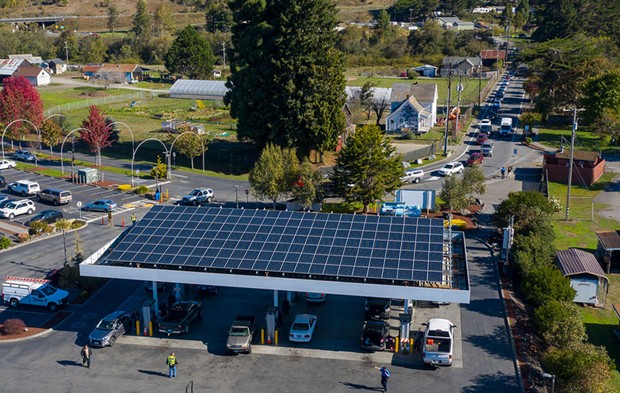 The Blue Lake Rancheria gas station, which used microgrid technology, including the solar panels above the pumps, to keep operating through the blackout. - FILE
