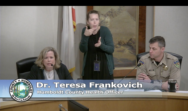 Public Health Officer Teresa Frankovich and Sheriff William Honsal discuss the shelter in place order taking effect at midnight. - SCREEN SHOT OF TODAY'S PRESS CONFERENCE