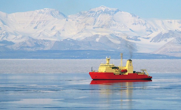 The research ship Nathaniel B. Palmer in McMurdo Sound with the Royal Society Range in the background. - NSF PHOTO BY HOLLY GINGLES