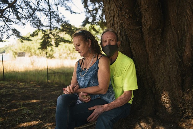 Portrait of Ernie Bull and Mary Wildman in Eureka, Calif. on August 7, 2020. Despite the coronavirus pandemic, Bull and Wildman were evicted from their home in July and have been homeless for over a month. - ALEXANDRA HOOTNICK FOR CALMATTERS
