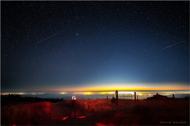 “Self Portrait with Perseid Meteors.” The lights of Eureka shine on the Pacific Coast beneath a pair of Perseid meteors in this composite of two images from a timelapse sequence taken during the Perseid meteor shower of 2020 from the hills of Humboldt County on Aug. 12. - PHOTO BY DAVID WILSON